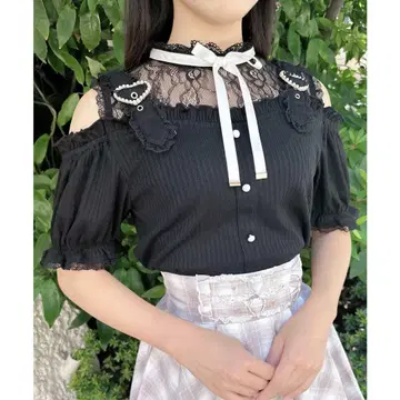 ROJITA 하트 버클 레이스 절개 골지 상의 (블랙)