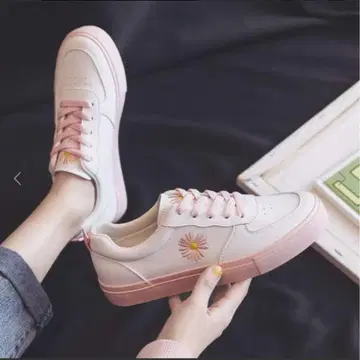 스니커즈 신발 데이지 꽃 무늬 핑크 자수 디자인 한국 25cm