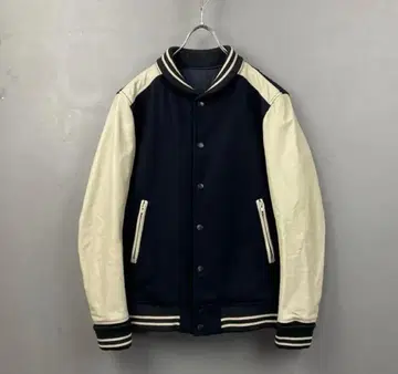 SHIPS 소매 가죽 바시티 자켓 블루종 절개 안쪽 퀼팅 바이컬러 L