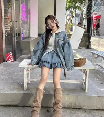 NICE CLAUP 파이핑 재킷 데님 티어드 미니 스커트