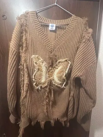 버터플라이 자수 프린지 니트 스웨터