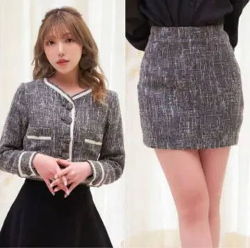 다리치 트위드 셋업 그레이 치마바지 자켓