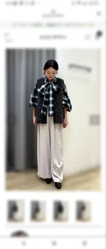 리본 포함 체크 무늬 긴팔 블라우스