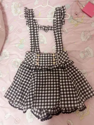 LIZLISA 깅엄 체크 서스펜더 치마바지 블랙