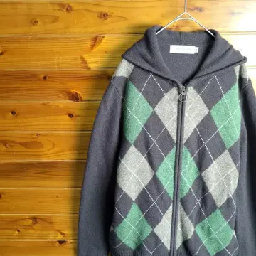 니트 니트 후드티 아가일 무늬 후드 부착 니트 집업 L 브라운