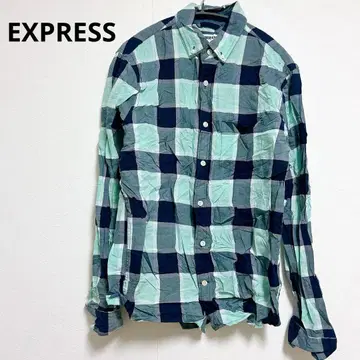 EXPRESS 체크 무늬 긴팔 셔츠 S/P 블라우스 파랑 그린 네이비