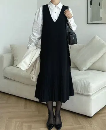 V넥 밑단 플리츠 오버롤 스커트 롱 원피스 JennyandFlat 한국