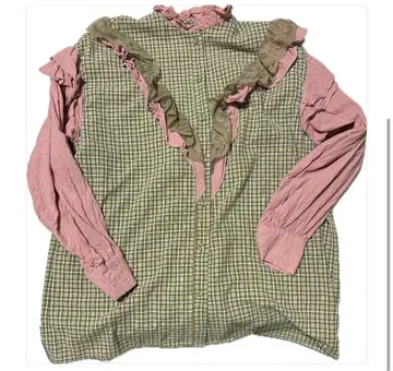 [ jouetie ] 쥬에티 프릴 레이스 셔츠 체크 핑크 그린 M