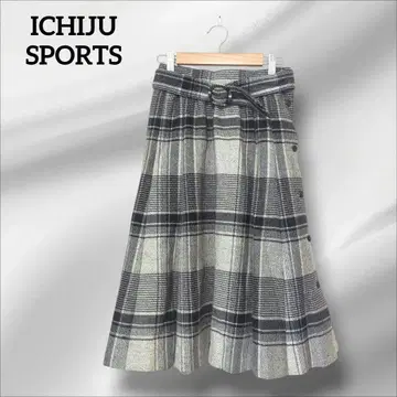 이치쥬 스포츠 플레어 스커트 그레이 계열 체크 허리 리본 포함 니트