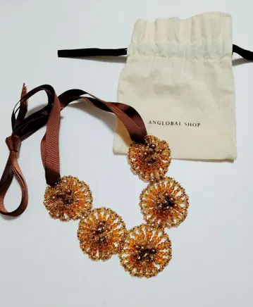 앵글로벌샵 비즈 오렌지 브라운 리본 초커 목걸이