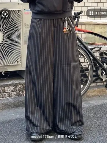 MandO 스트라이프 와이드 팬츠 M 블랙 슬랙스