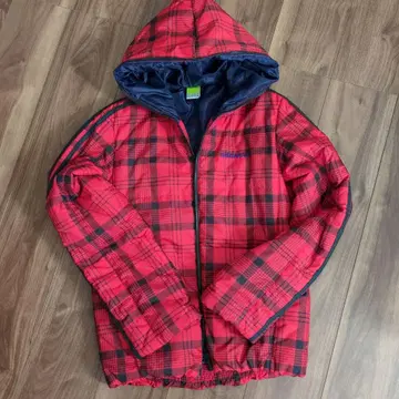 adidas 후드 부착 빨간색 블랙 체크 다운 자켓 L