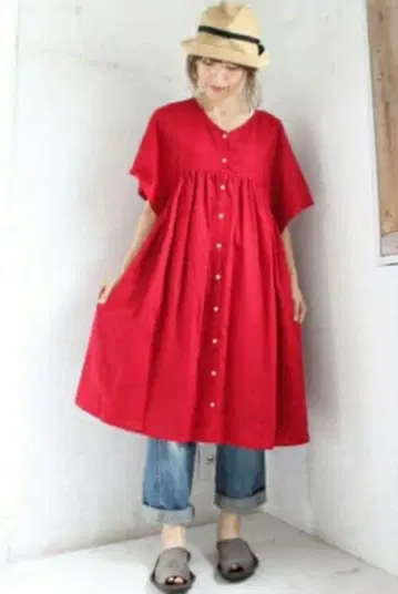 마블슈드 빨간색 반팔 린넨 원피스