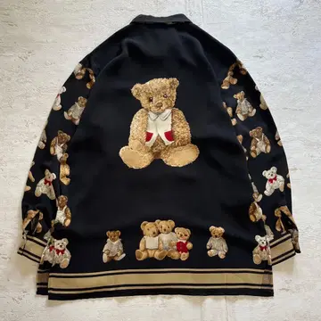 쇼와 레트로 테디베어 올 패턴 긴팔 셔츠 블랙 루즈핏 곰돌이 패턴