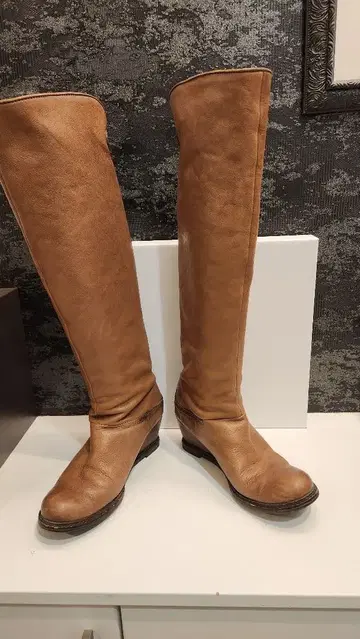 새상품급 라보키고시 웍스 천연 가죽 슬림 레그 웨지 힐 롱 부츠 24