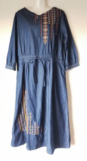 fanaka 데님 원피스 자수 긴팔 네이비 인도산