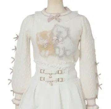 캣 자카드 리본 슬리브 니트 화이트