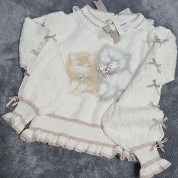 캣 자카드 리본 슬리브 니트 화이트