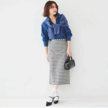 택 포함 새상품 UNTITLED 워셔블 깅엄 체크 펜슬 스커트