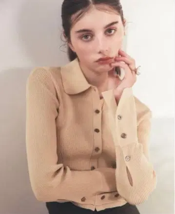 Aimeine 카라 부착 리브 니트 가디건 베이지