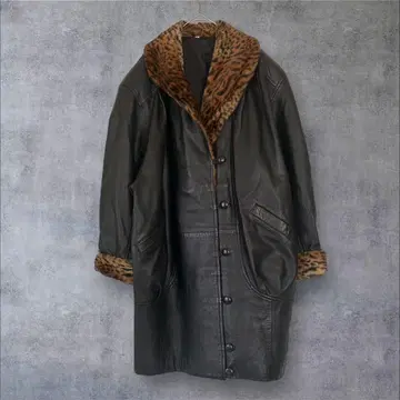 가죽 하프 코트 레오파드 양가죽 코쿤 실루엣 빈티지