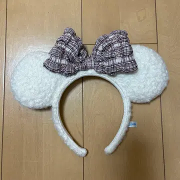 미키 귀 머리띠 화이트 체크 리본