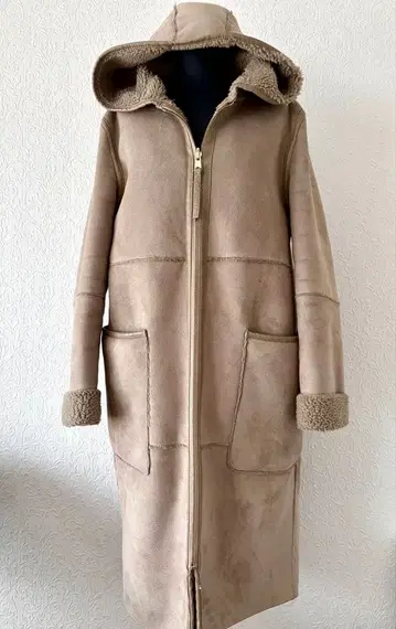 ZARA 자라 후드 부착 그레이지 페이크 무스탕 코트 M 에코 퍼