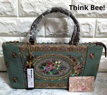 미사용 Think Bee! 자수 비즈 핸드백 그린
