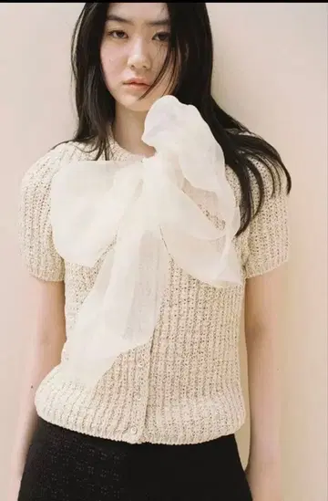 [ 새상품급 ] 니트 오간자 리본 상의