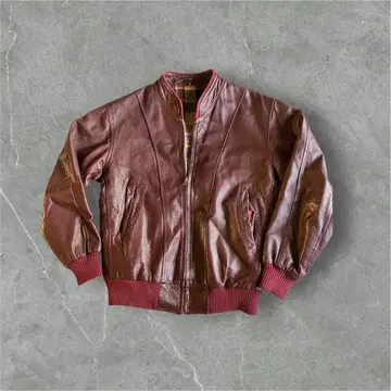 70s 80s 빈티지 천연 가죽 플라이트 자켓 홍차 M 체크 안감