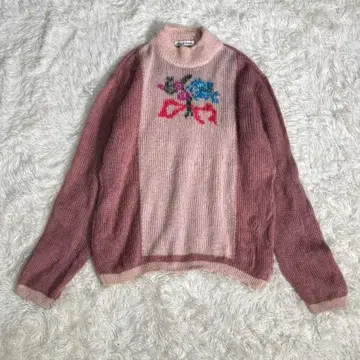 레어 키드 모헤어 니트 꽃무늬 자카드 핑크 스웨터