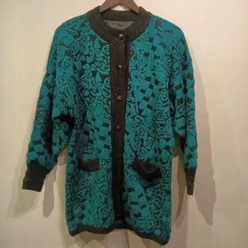 롱 니트 가디건 블랙 그린 레트로 울 혼방 안감 부착