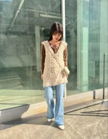 Kastane 카스타네 안감 있음 퍼 롱 베스트 아이보리