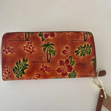 미사용 새상품, 하와이안 프린트 천연 가죽 장지갑