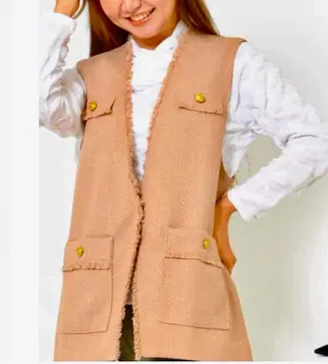 베스트 L 사이즈 팬시 트위드 앞 버튼 프린지 골드 버튼