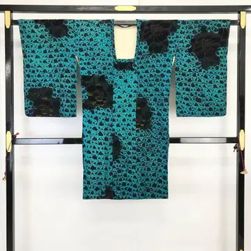 앤티크 기모노 롱 도효 코트 벨로아 꽃 무늬 청록색 AK-5054