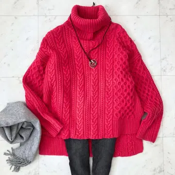 맥피 케이블 터틀넥 니트 S 비대칭 핑크