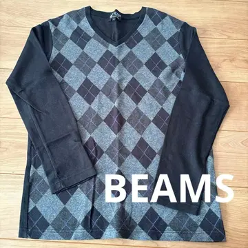 BEAMS HEART 다이아몬드 패턴 7부 소매 티셔츠 L 아가일 무늬