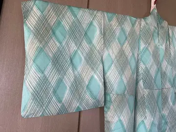 마름모 무늬 사선 격자 스카이블루 코몬 기모노 순수 실크