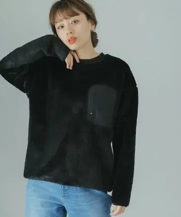 sonny label 플리스 와이드 풀오버 블랙 포켓 퍼