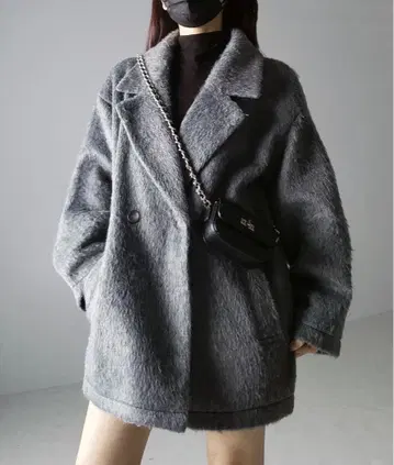 [ me+em select ] 오버 사이즈 샤기 멜톤 미들 코트 차콜