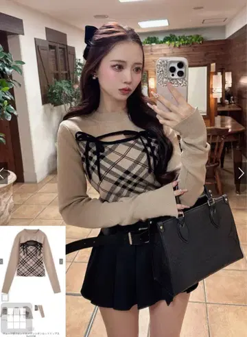 GRL 체크 무늬 프론트 오픈 리본 니트탑