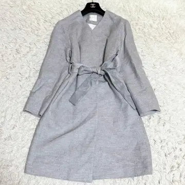 새상품급 쿠미교쿠 롱 코트 노카라 A라인 벨티드 그레이 L