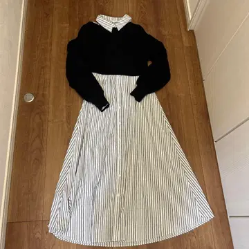 LADYMADE 블랙 스트라이프 롱 원피스