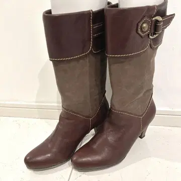 키스코 kisco 미들 부츠 브라운 가죽 벨트 힐 23.5cm