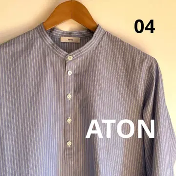 ATON 에이톤 노카라 긴팔 스트라이프 코튼 셔츠 M 남성용