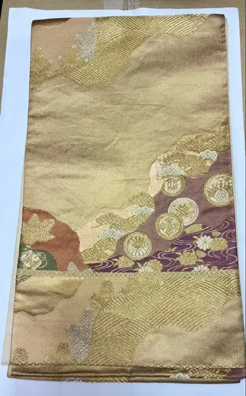 골드 컬러 멀티 컬러 길조 패턴 후쿠로 오비 순수 실크