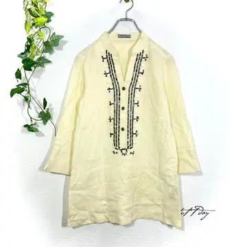 ANNE KLEIN NEW YORK 린넨 100% 튜닉 셔츠 스탠드 카라