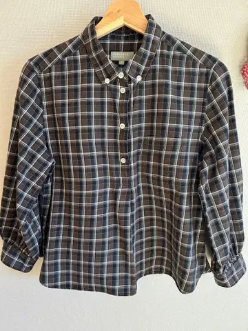 새상품급 마가렛호웰 둥근 카라 코튼 캐시미어 체크 무늬 긴팔 셔츠 브라운