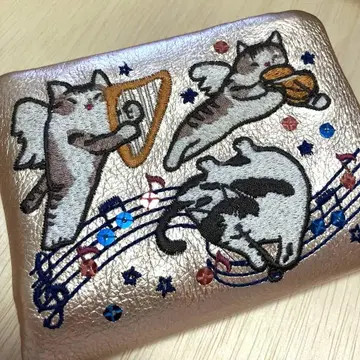 고양이 자수 골드 접이식 지갑